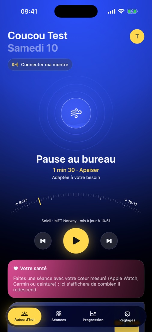 L'accueil de Replere : la séance proposée, l'arc du soleil et le bouton lecture