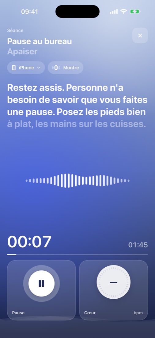 Une séance en cours, avec le texte guidé et le minuteur