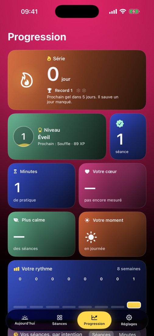 La page Progression : série, niveau, minutes et rythme