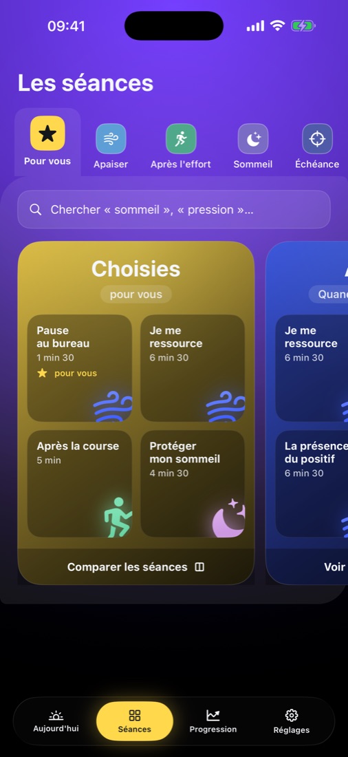 Le catalogue des séances classées par intention